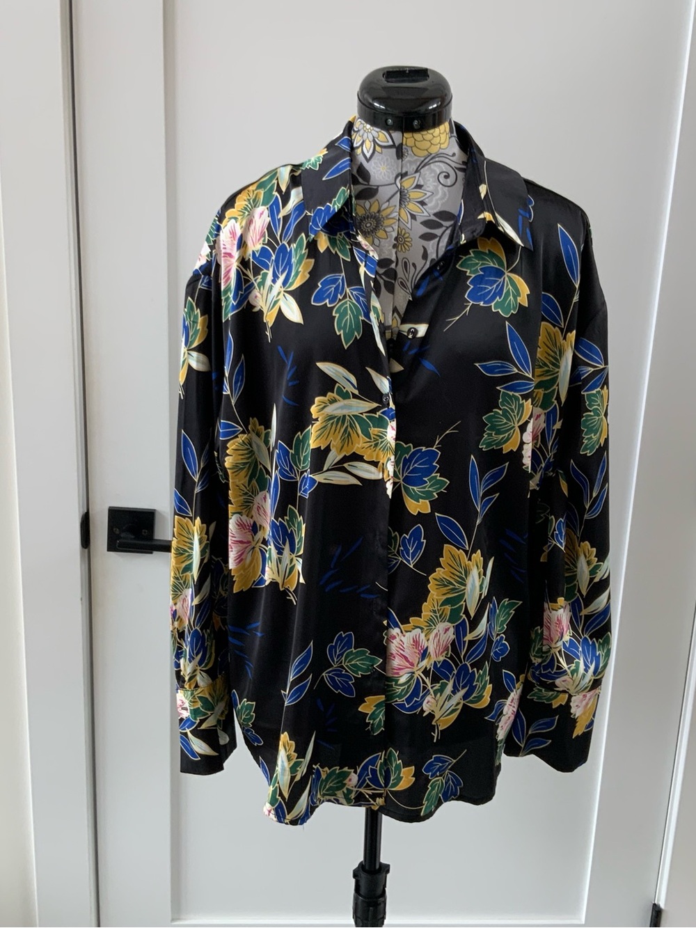 Cleo Black Floral Satin Button-Front Shirt with Blue, Yellow & Green Accents